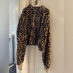 Leopard Print Fleece Zip-Up Cardigan